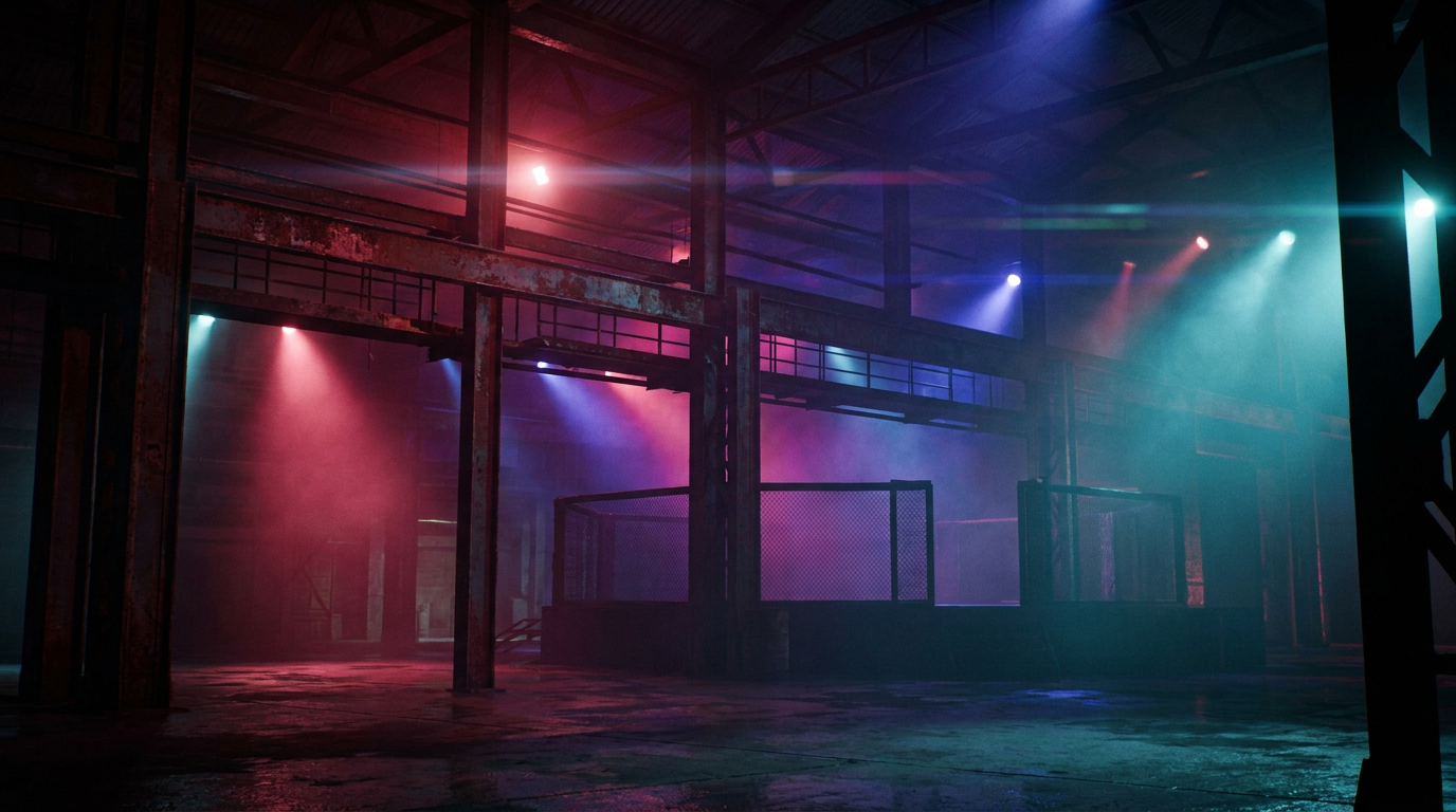 Industrielle Halle bei Nacht mit Käfig-Silhouette und FMD-Verlaufslicht